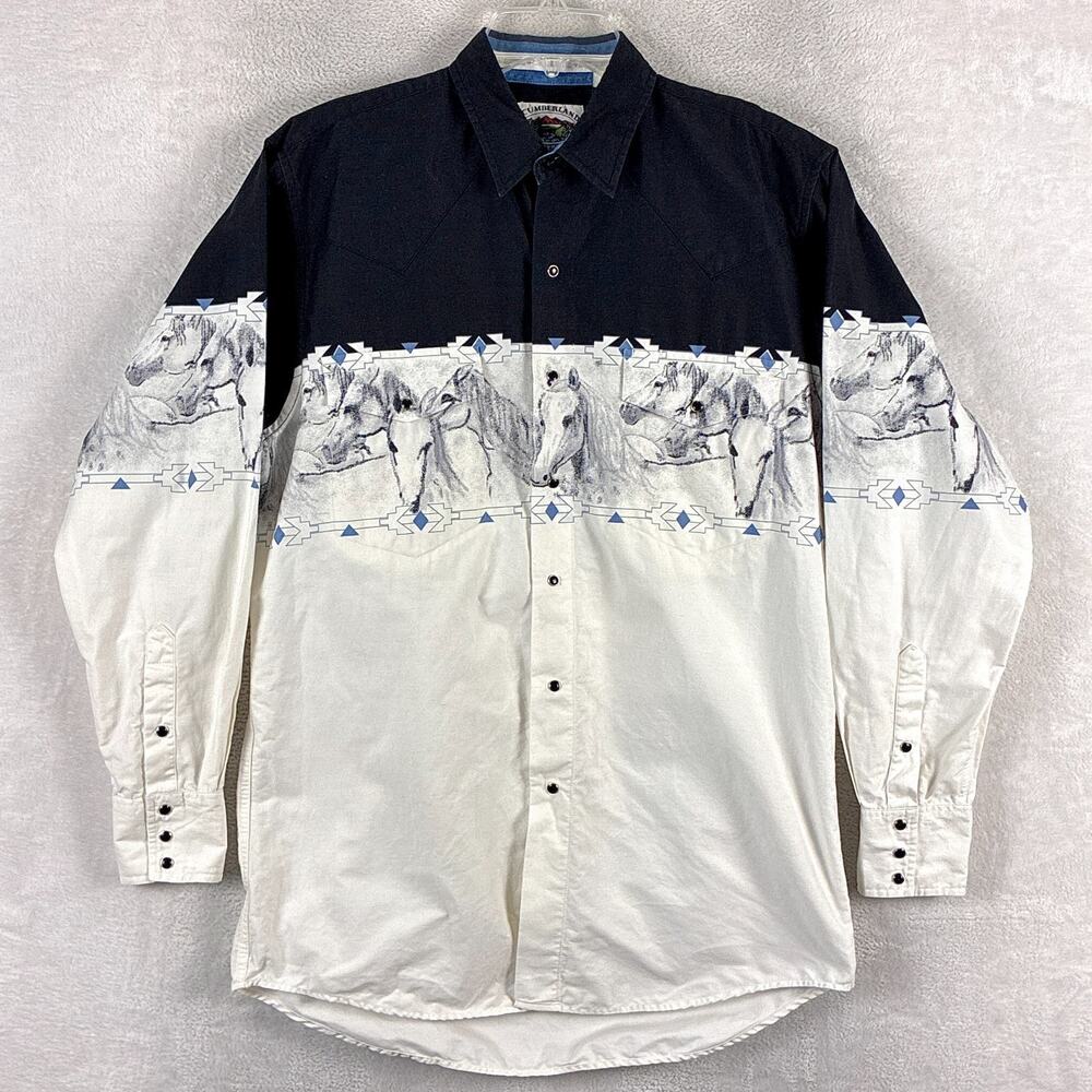 VTG Cumberland Outfitters Mens M Black White Horses Pearl Snap Western Cowboy